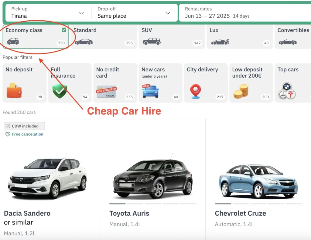 cheap car hire in Tirana