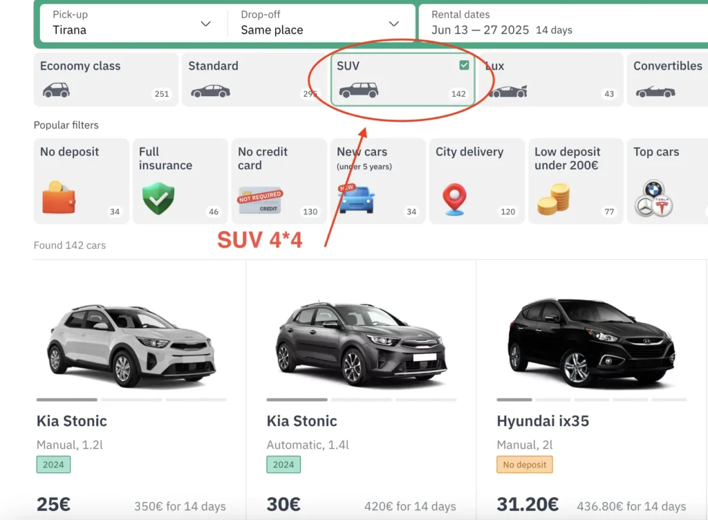 how rental SUV 4x4 in tirana