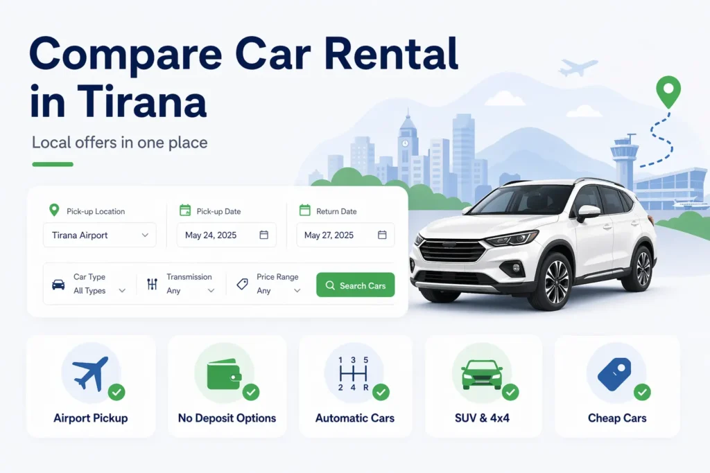 Compare car rental in Tirana with airport pickup, no deposit options, automatic cars, SUV and cheap car categories