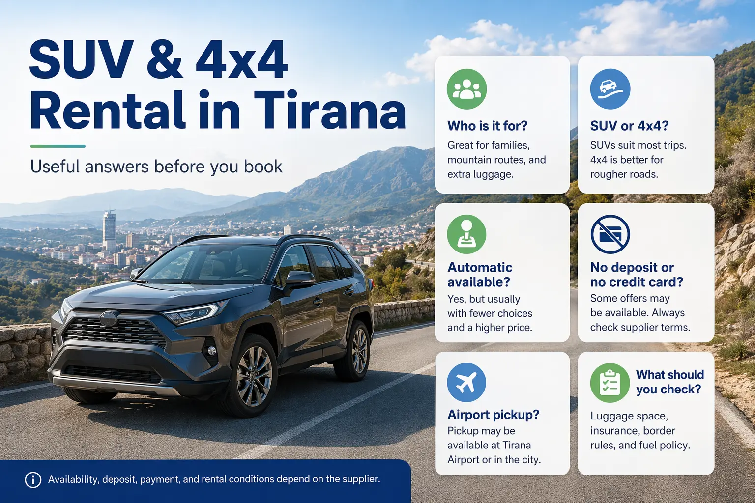 SUV and 4x4 rental in Tirana for family travel, mountain roads, and airport pickup